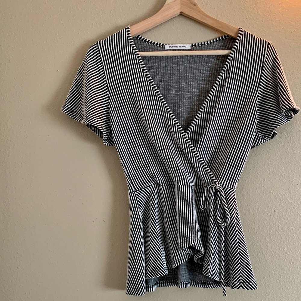 Black and white striped crossover shirt